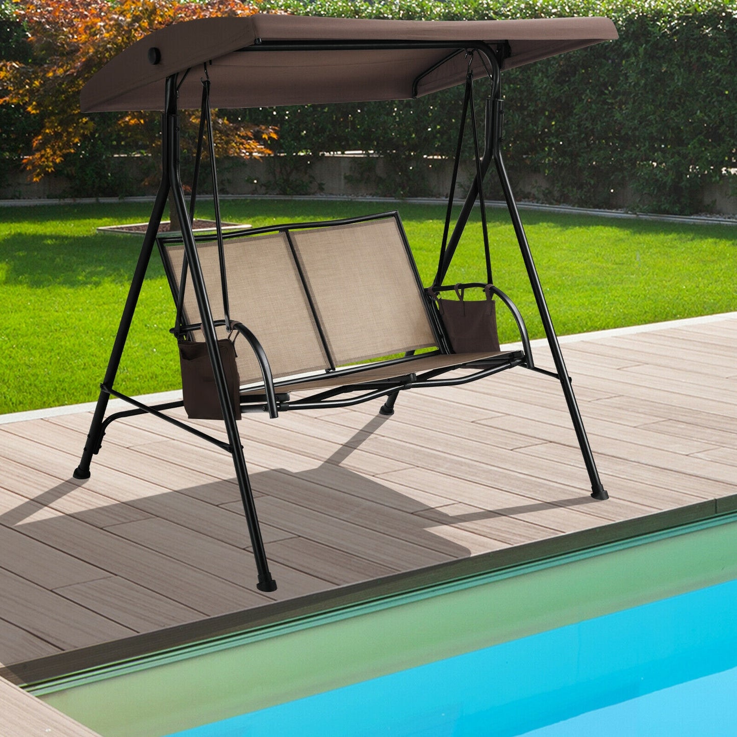 2 Seat Patio Porch Swing with Adjustable Canopy Storage Pockets Brown Kids Crystal