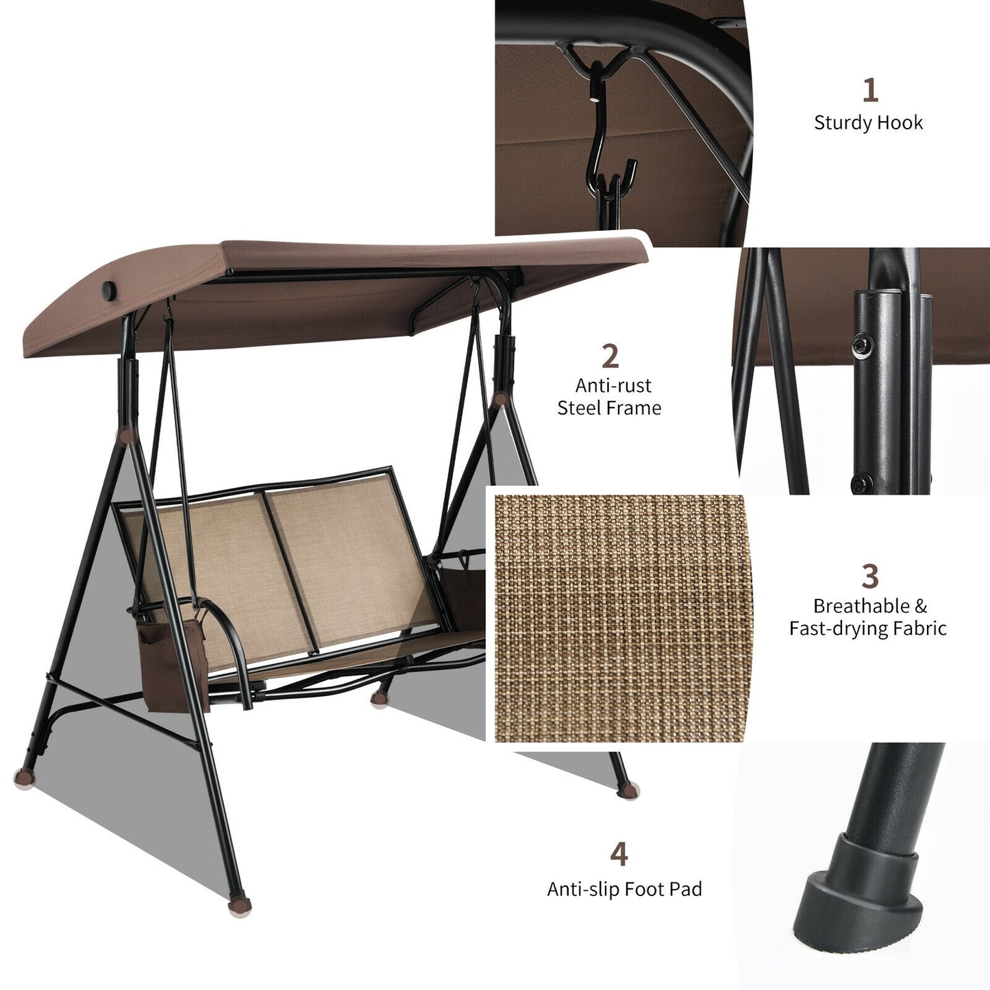 2 Seat Patio Porch Swing with Adjustable Canopy Storage Pockets Brown Kids Crystal