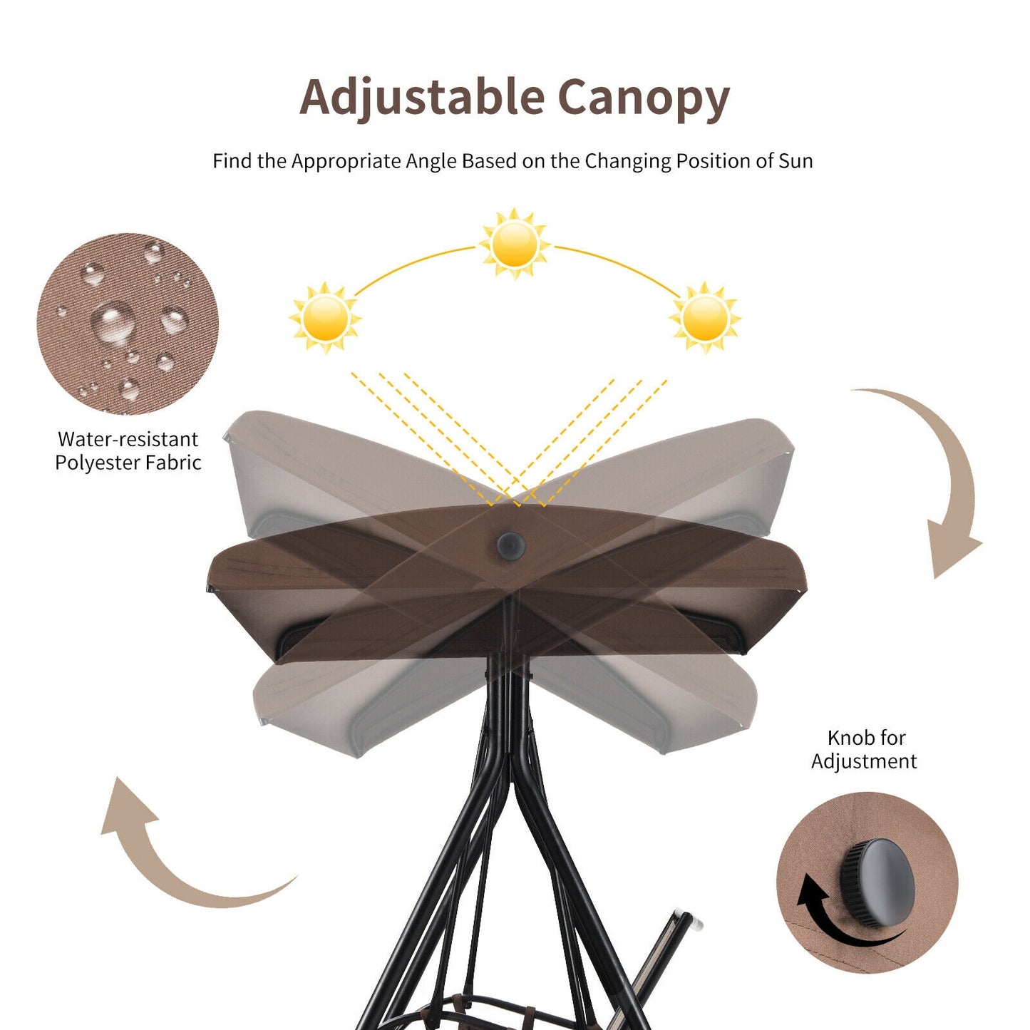 2 Seat Patio Porch Swing with Adjustable Canopy Storage Pockets Brown Kids Crystal