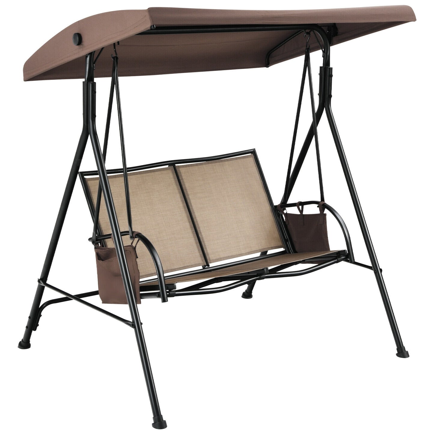 2 Seat Patio Porch Swing with Adjustable Canopy Storage Pockets Brown Kids Crystal