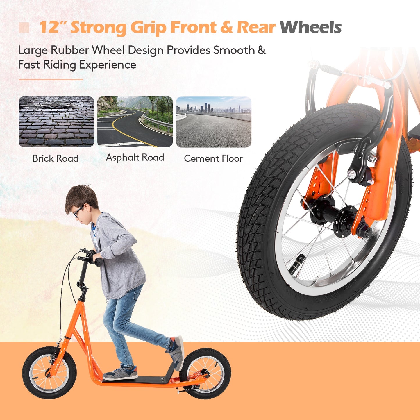 Height Adjustable Kid Kick Scooter with 12 Inch Air Filled Wheel-Orange Kids Crystal