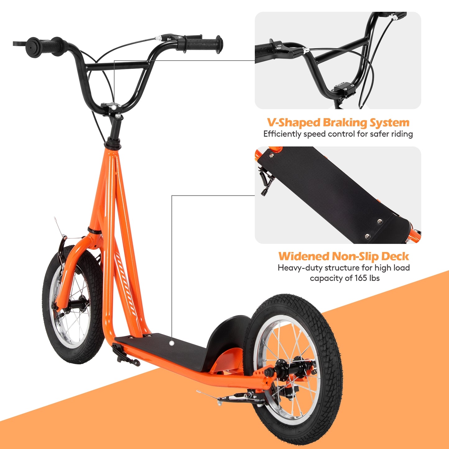 Height Adjustable Kid Kick Scooter with 12 Inch Air Filled Wheel-Orange Kids Crystal