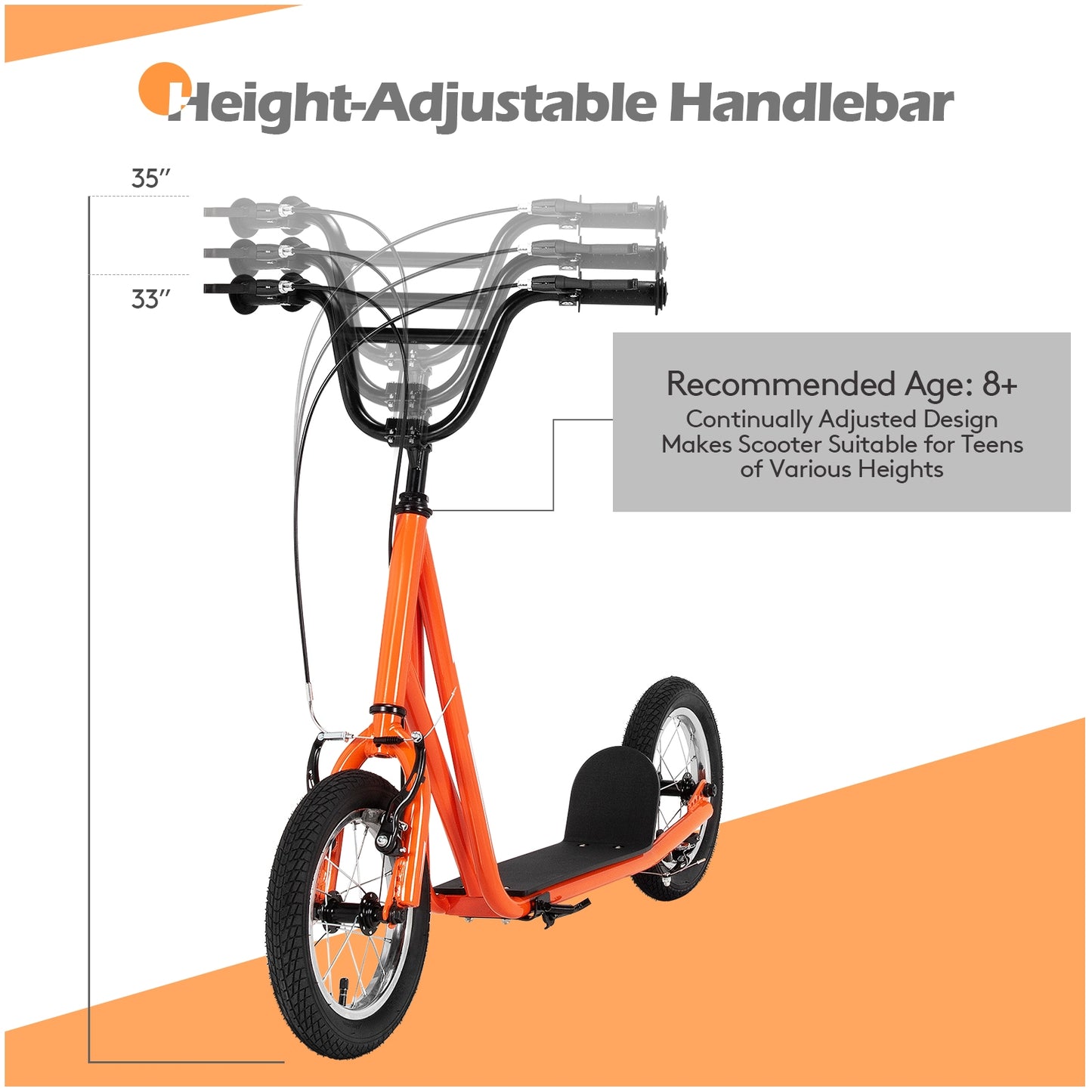 Height Adjustable Kid Kick Scooter with 12 Inch Air Filled Wheel-Orange Kids Crystal