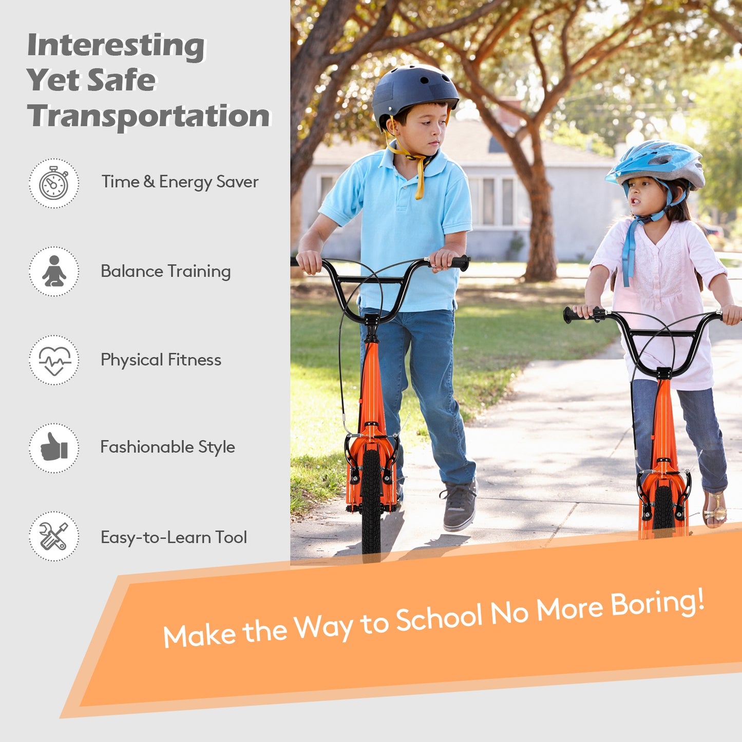 Height Adjustable Kid Kick Scooter with 12 Inch Air Filled Wheel-Orange Kids Crystal