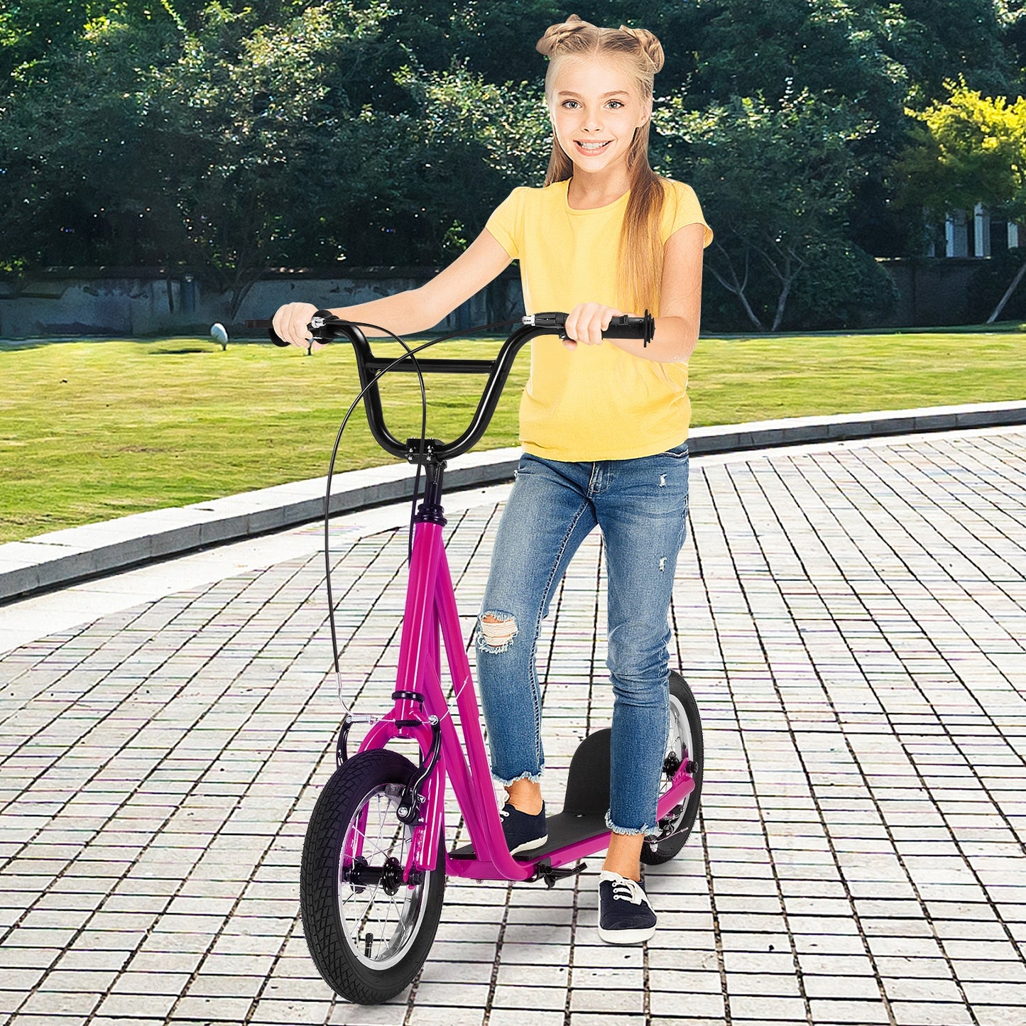 Height Adjustable Kid Kick Scooter with 12 Inch Air Filled Wheel-Pink Kids Crystal