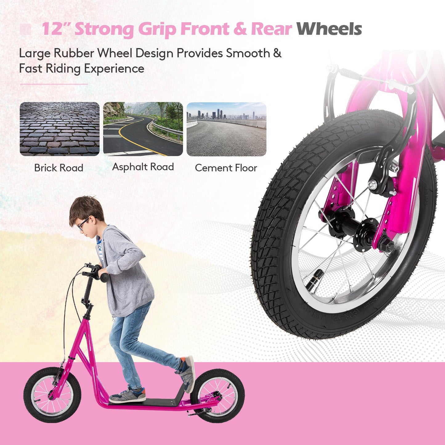 Height Adjustable Kid Kick Scooter with 12 Inch Air Filled Wheel-Pink Kids Crystal
