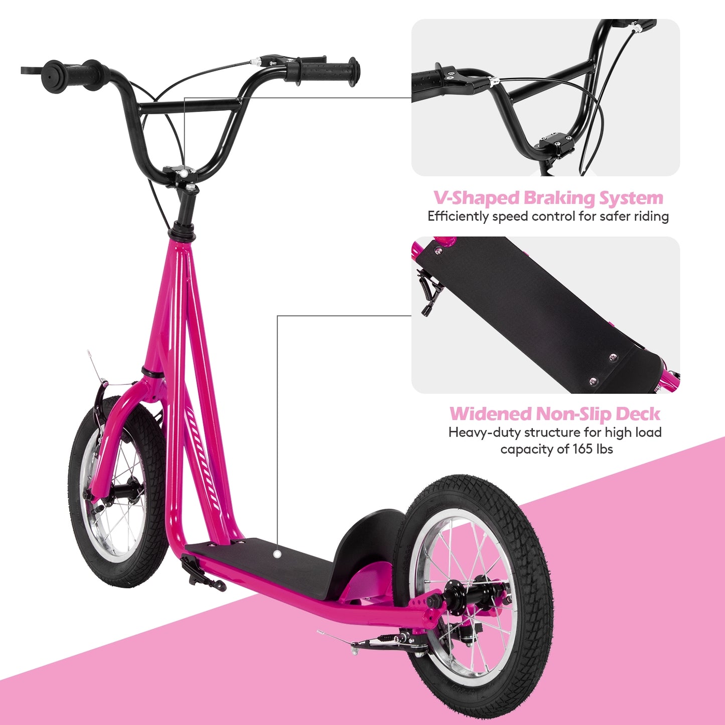 Height Adjustable Kid Kick Scooter with 12 Inch Air Filled Wheel-Pink Kids Crystal