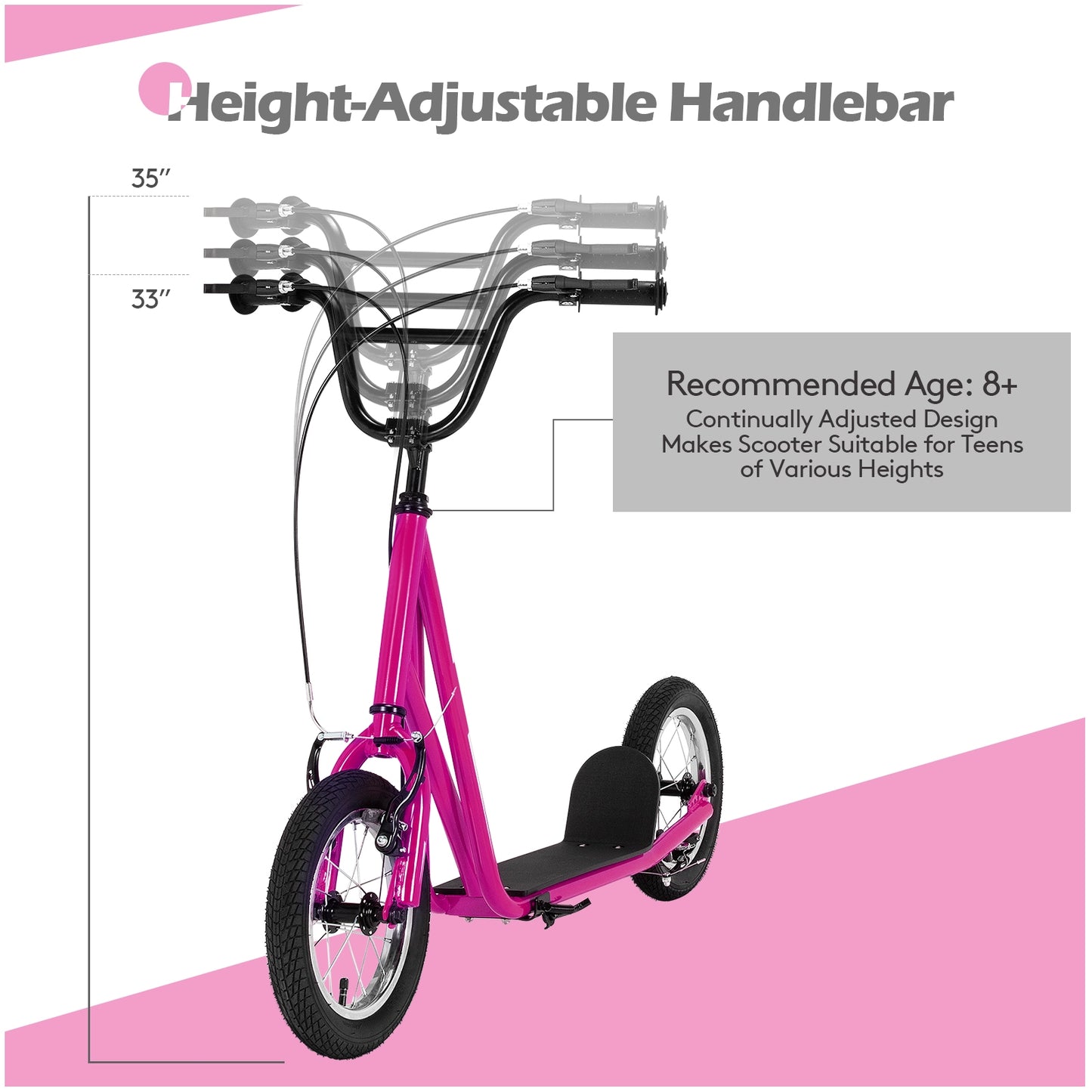 Height Adjustable Kid Kick Scooter with 12 Inch Air Filled Wheel-Pink Kids Crystal