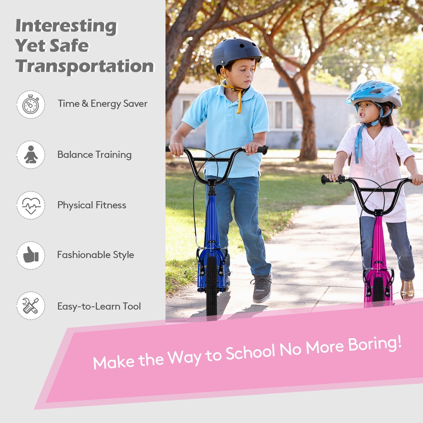 Height Adjustable Kid Kick Scooter with 12 Inch Air Filled Wheel-Pink Kids Crystal
