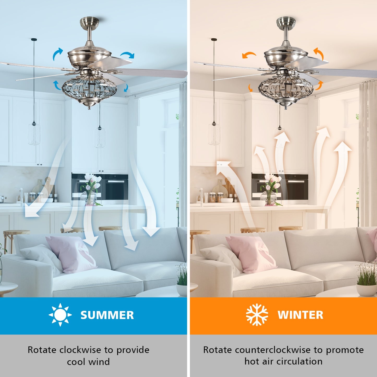 52 Inches Ceiling Fan with Wooden Blades and Remote Control-Silver Kids Crystal