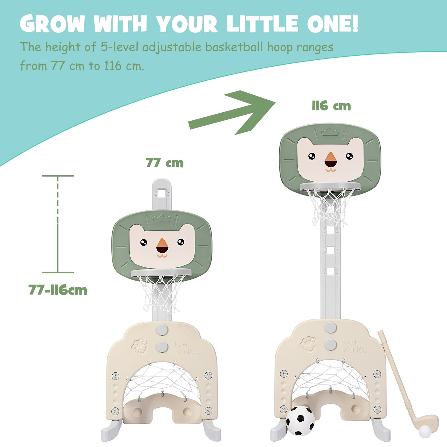 3-in-1 Adjustable Kids Basketball Hoop Sports Set-Green Kids Crystal