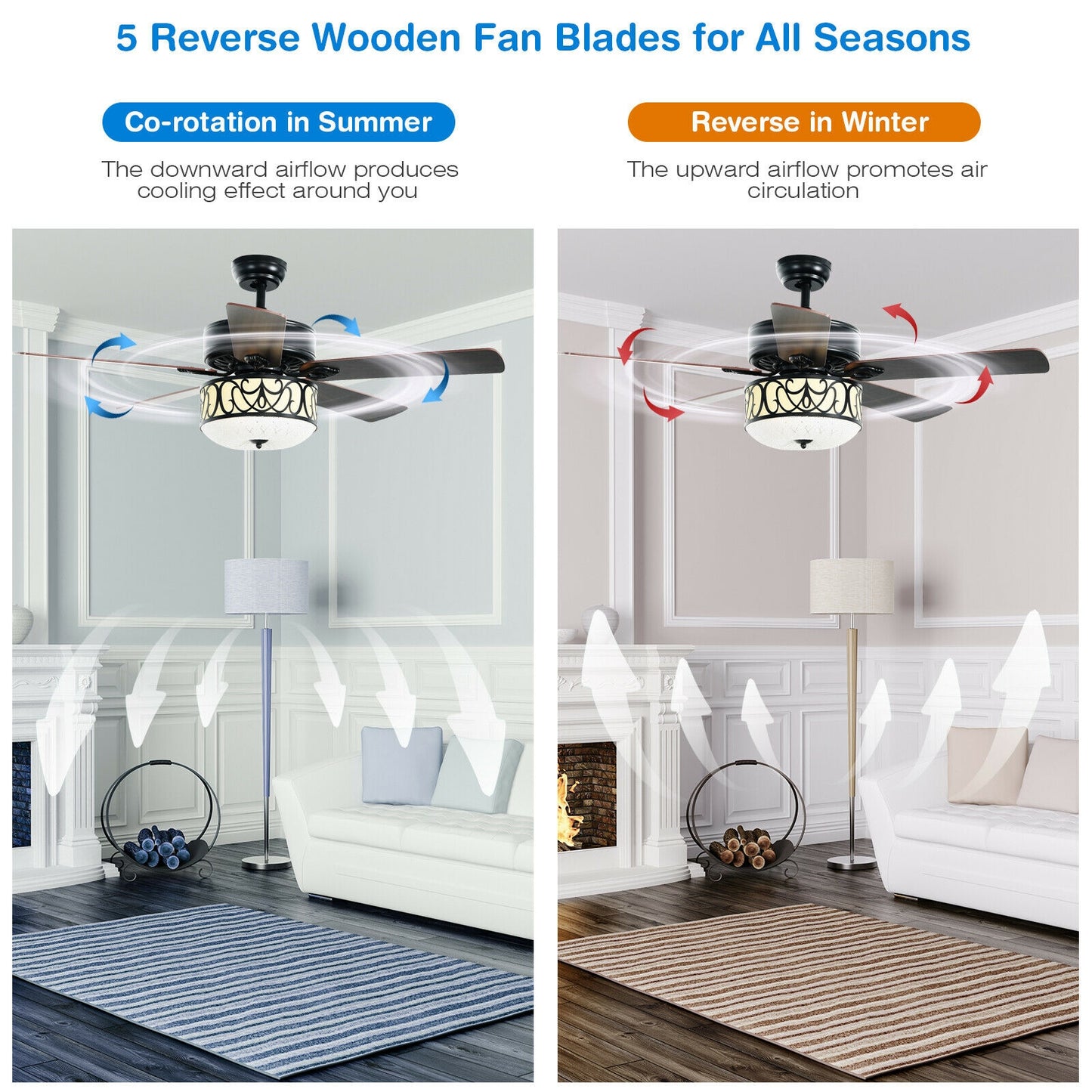 52 Inch Ceiling Fan with Light Reversible Blade and Adjustable Speed-Black Kids Crystal