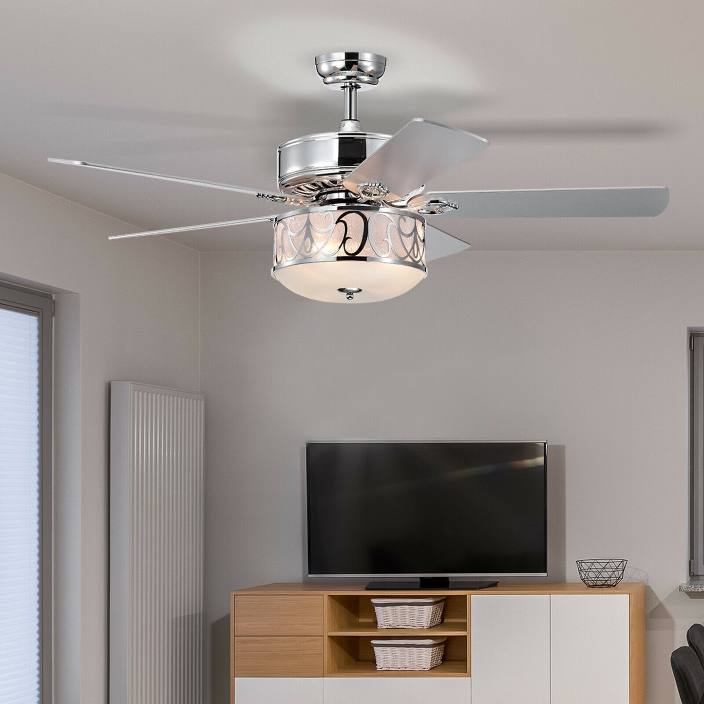 52 Inch Ceiling Fan with Light Reversible Blade and Adjustable Speed-Silver Kids Crystal