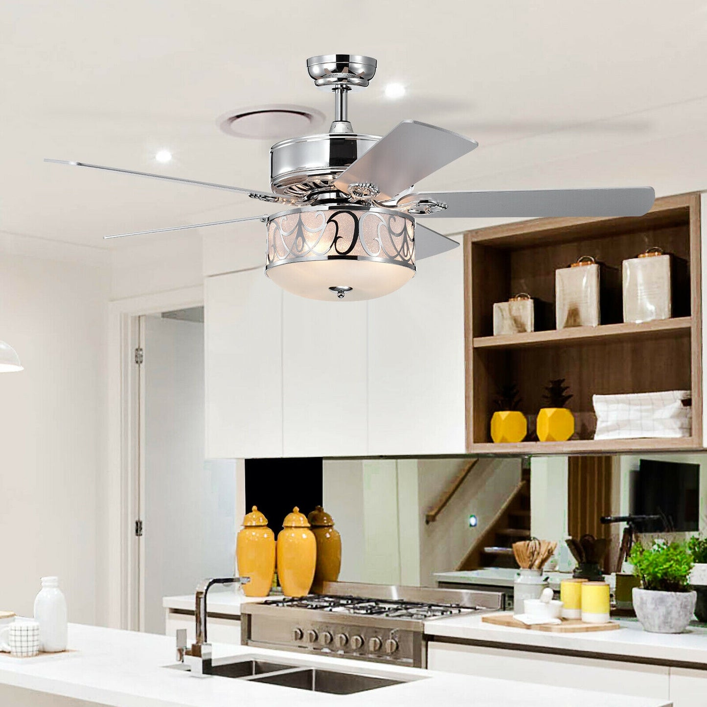 52 Inch Ceiling Fan with Light Reversible Blade and Adjustable Speed-Silver Kids Crystal
