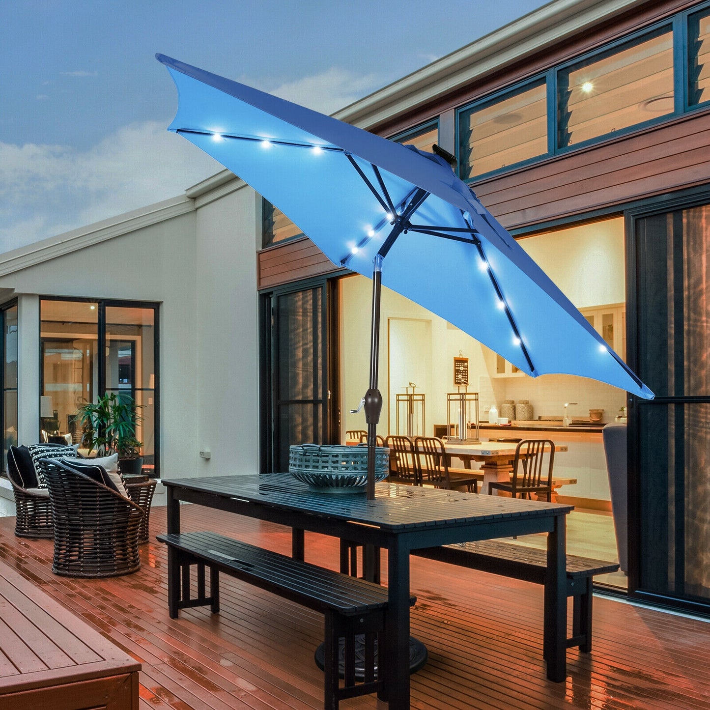 9' Solar LED Lighted Patio Market Umbrella Tilt Adjustment Crank Lift -Blue Kids Crystal