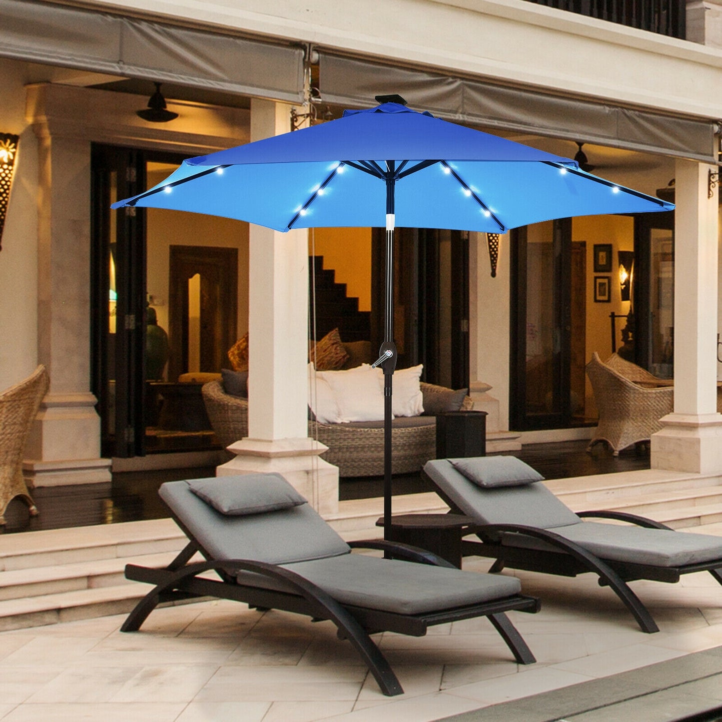 9' Solar LED Lighted Patio Market Umbrella Tilt Adjustment Crank Lift -Blue Kids Crystal