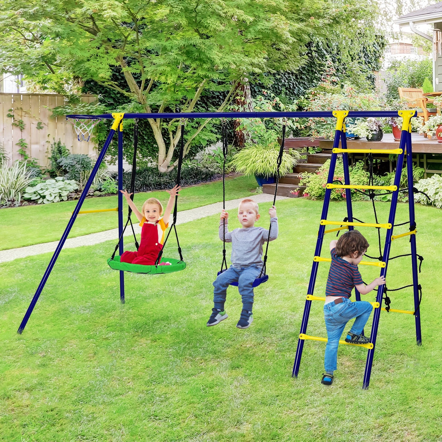 5-In-1 Outdoor Kids Swing Set with A-Shaped Metal Frame and Ground Stake Kids Crystal