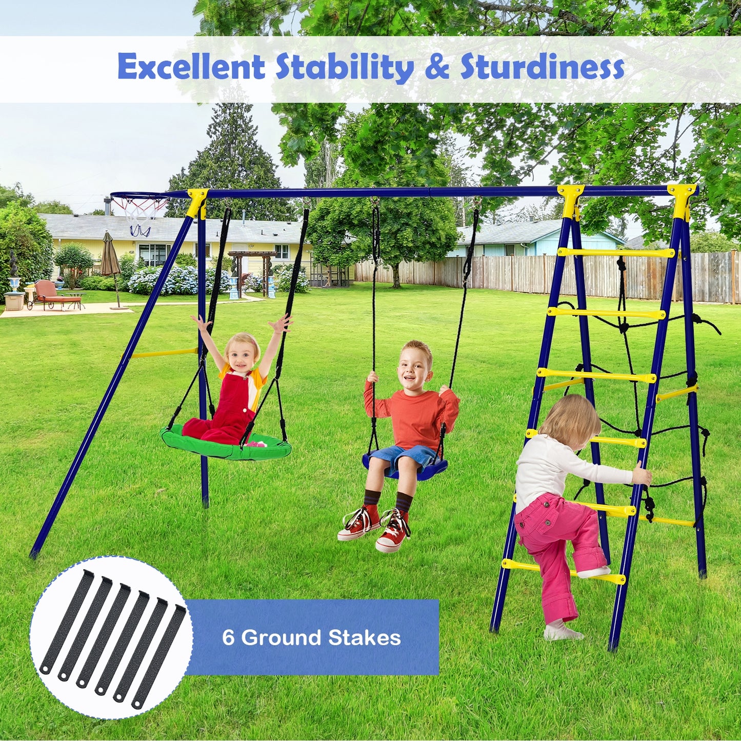 5-In-1 Outdoor Kids Swing Set with A-Shaped Metal Frame and Ground Stake Kids Crystal