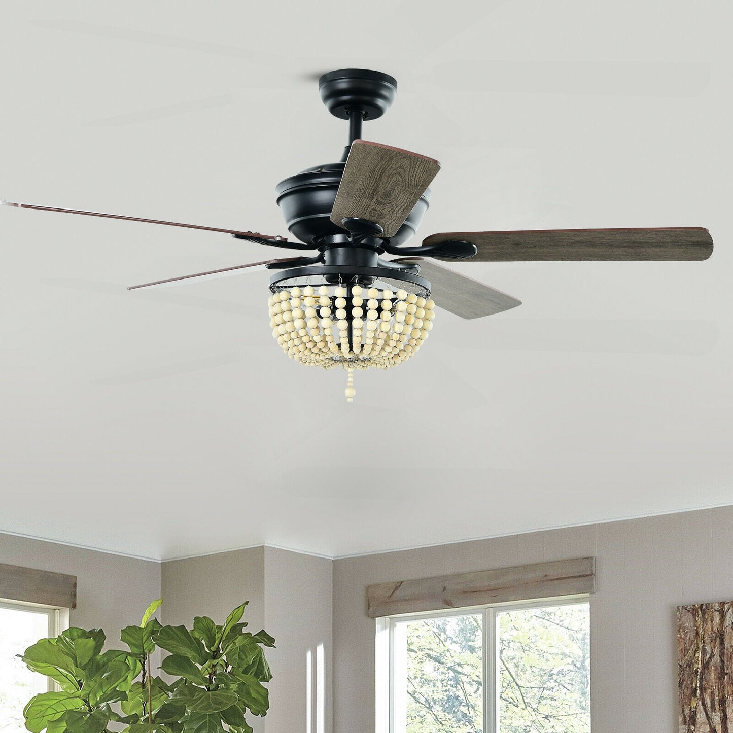 52 Inch Retro Ceiling Fan Light with Reversible Blades Remote Control-Black Kids Crystal