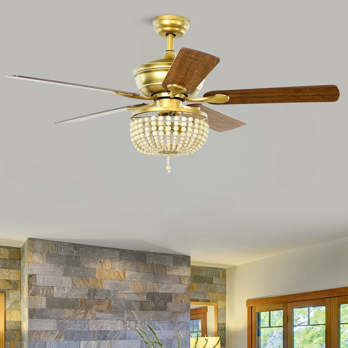 52 Inch Retro Ceiling Fan Light with Reversible Blades Remote Control-Golden Kids Crystal