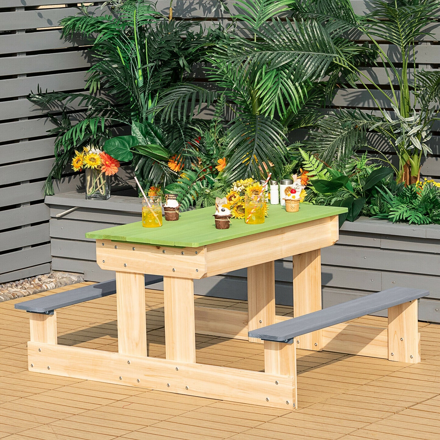 3-in-1 Outdoor Wooden Kids Water Sand Table with Play Boxes Kids Crystal