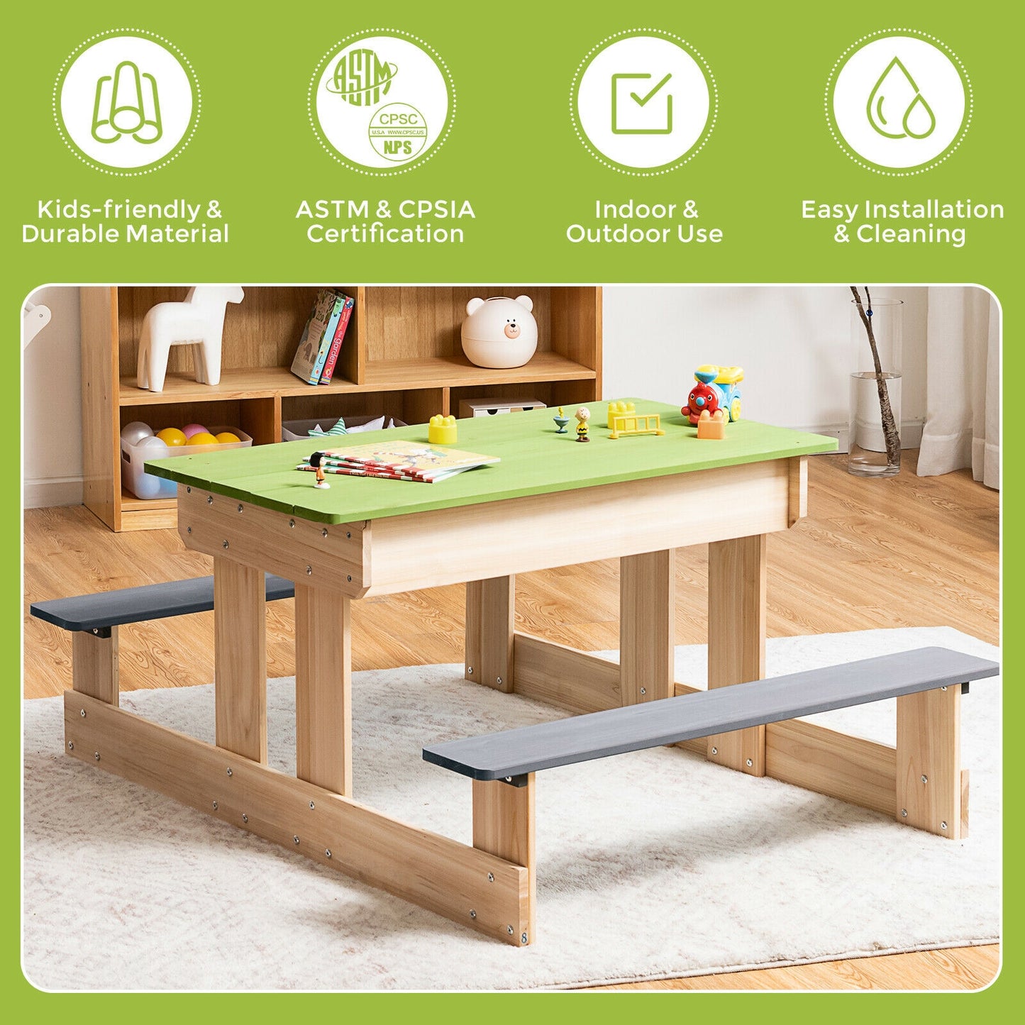 3-in-1 Outdoor Wooden Kids Water Sand Table with Play Boxes Kids Crystal