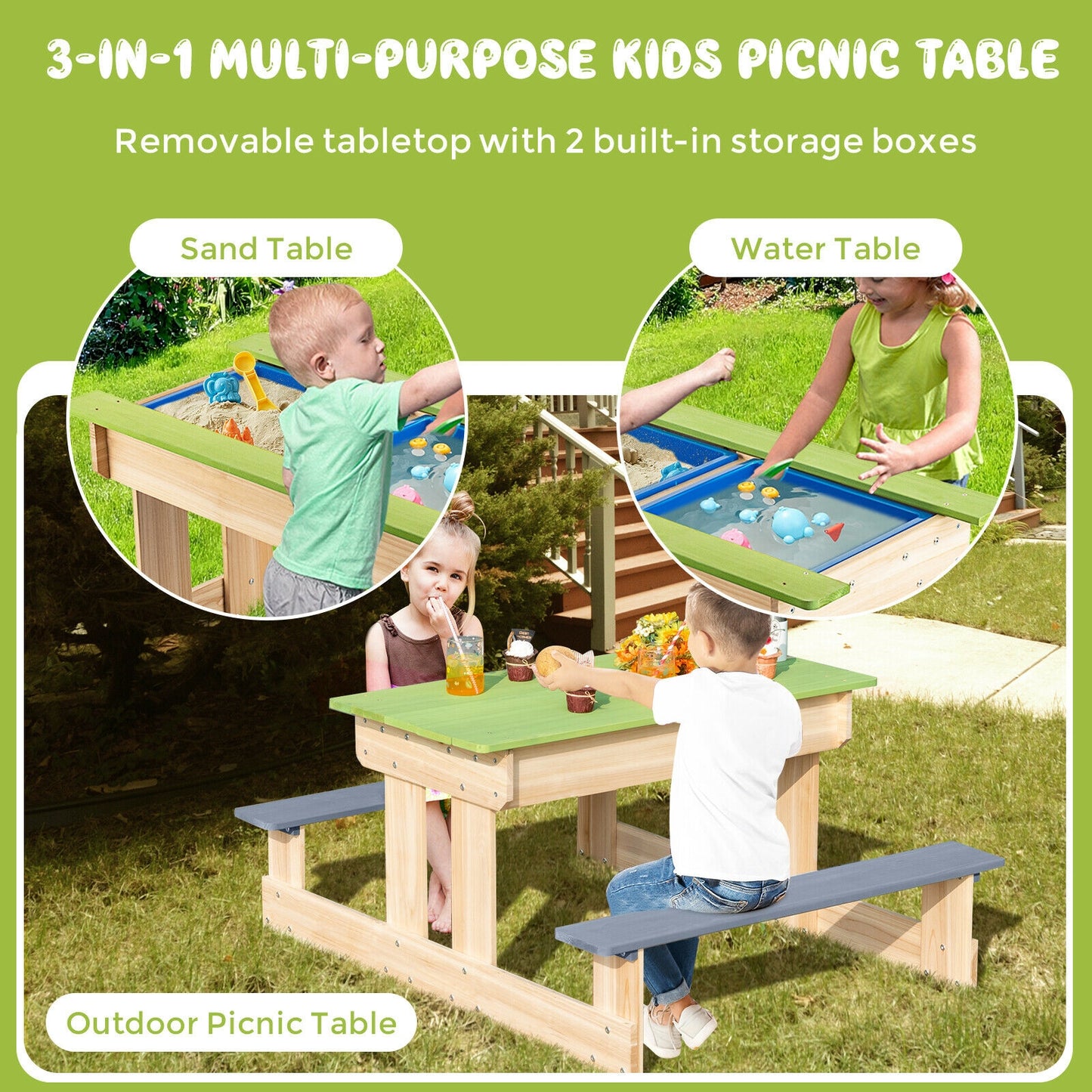 3-in-1 Outdoor Wooden Kids Water Sand Table with Play Boxes Kids Crystal