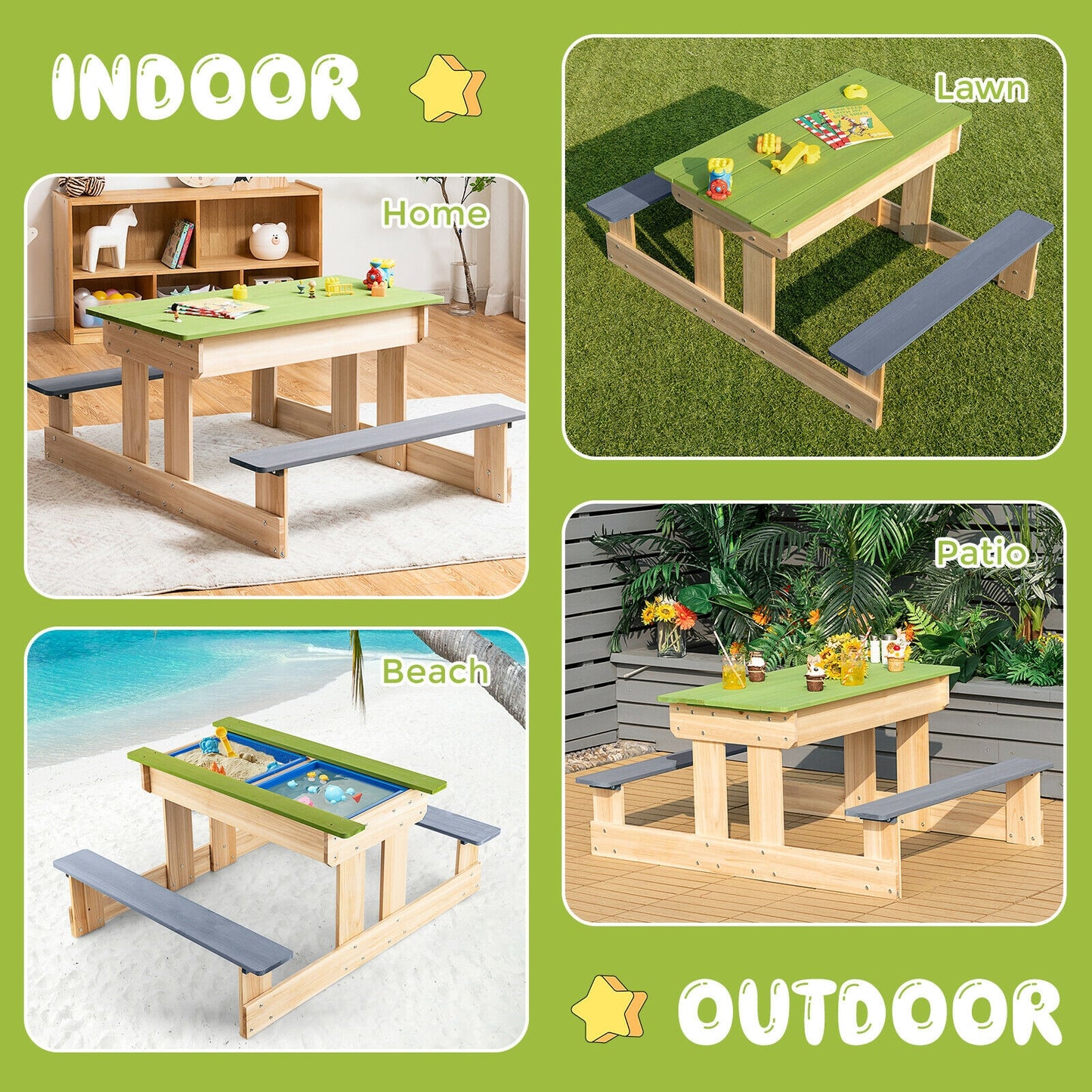3-in-1 Outdoor Wooden Kids Water Sand Table with Play Boxes Kids Crystal