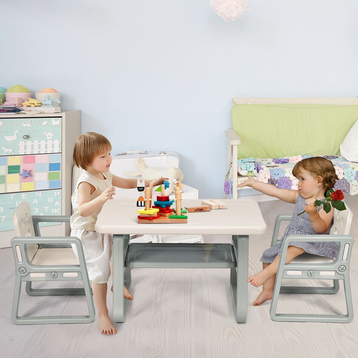 Kids Table and 2 Chairs Set with Storage Shelf-White Kids Crystal
