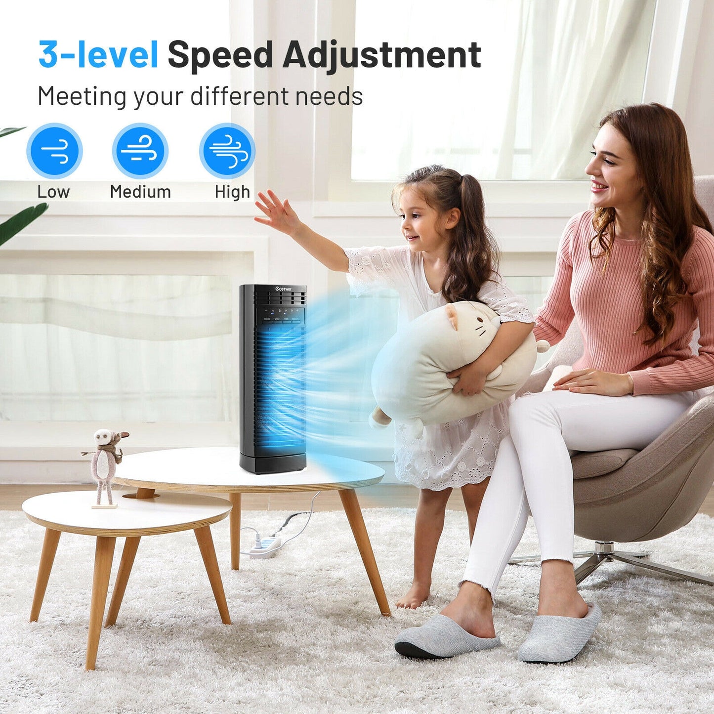 14 Inch Mini Oscillating Tower Fan Electric Desk Fan with 3 Speed and Timer-Black Kids Crystal