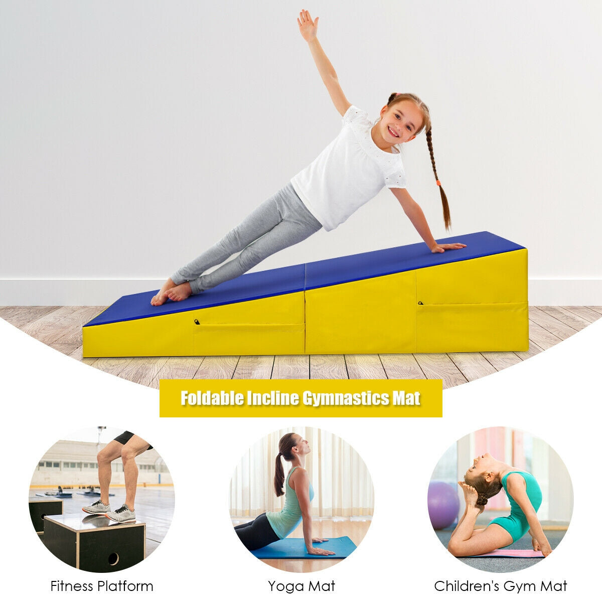 Folding Incline Mat Slope Cheese Gymnastics Gym Exercise Yellow Kids Crystal
