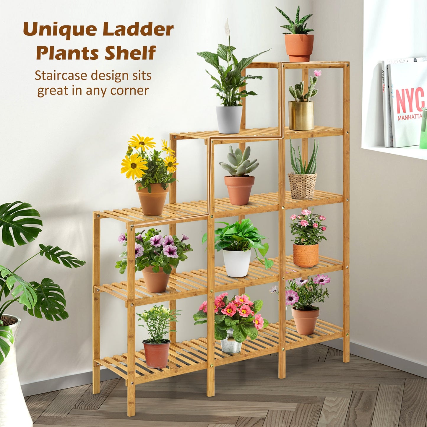 Multifunctional Bamboo Plant Shelf Display Organizer Kids Crystal