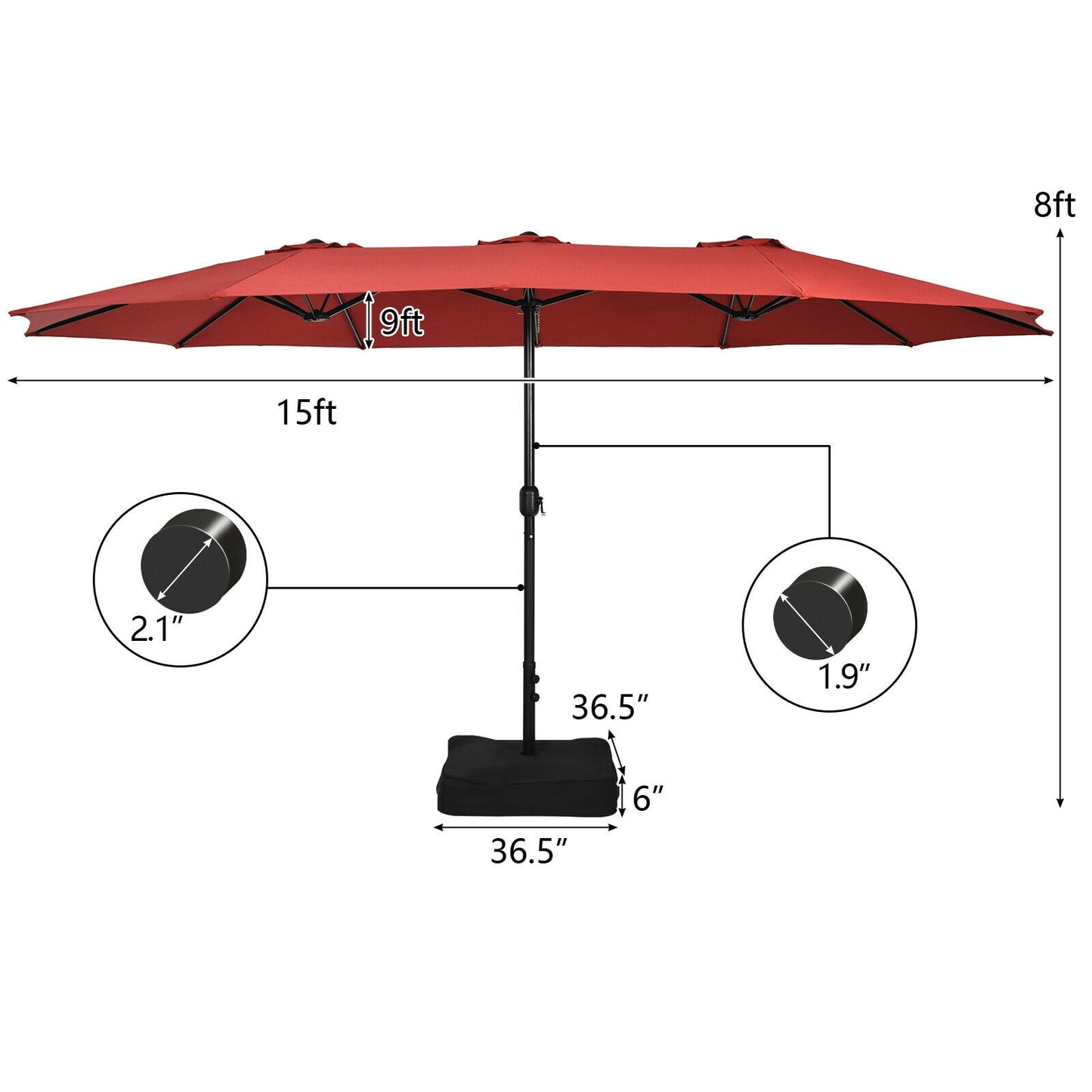 15 Feet Double-Sided Twin Patio Umbrella with Crank and Base Coffee in Outdoor Market-Wine Kids Crystal