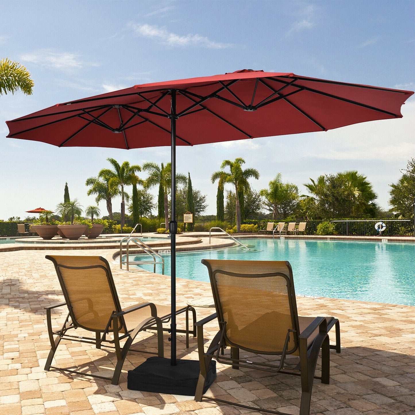 15 Feet Double-Sided Twin Patio Umbrella with Crank and Base Coffee in Outdoor Market-Wine Kids Crystal