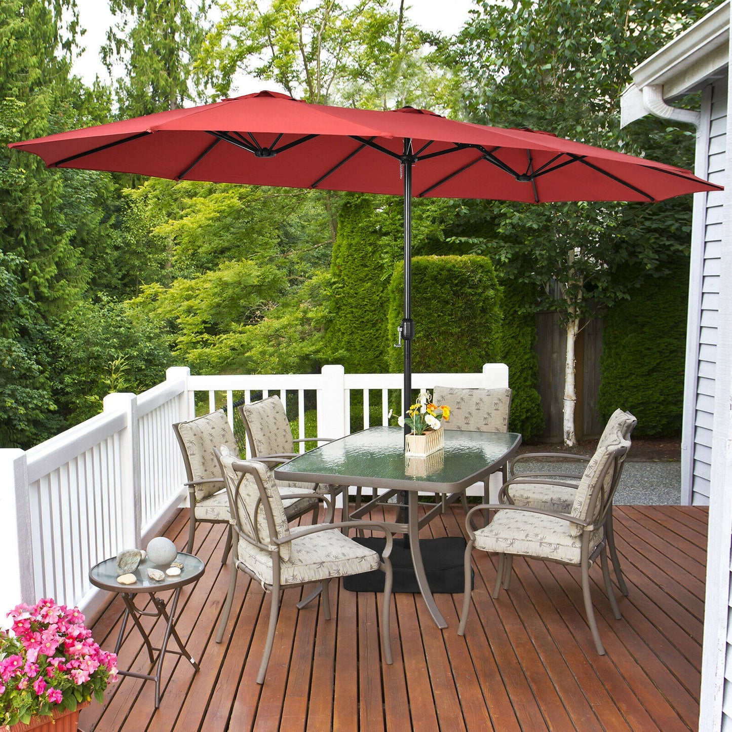 15 Feet Double-Sided Twin Patio Umbrella with Crank and Base Coffee in Outdoor Market-Wine Kids Crystal