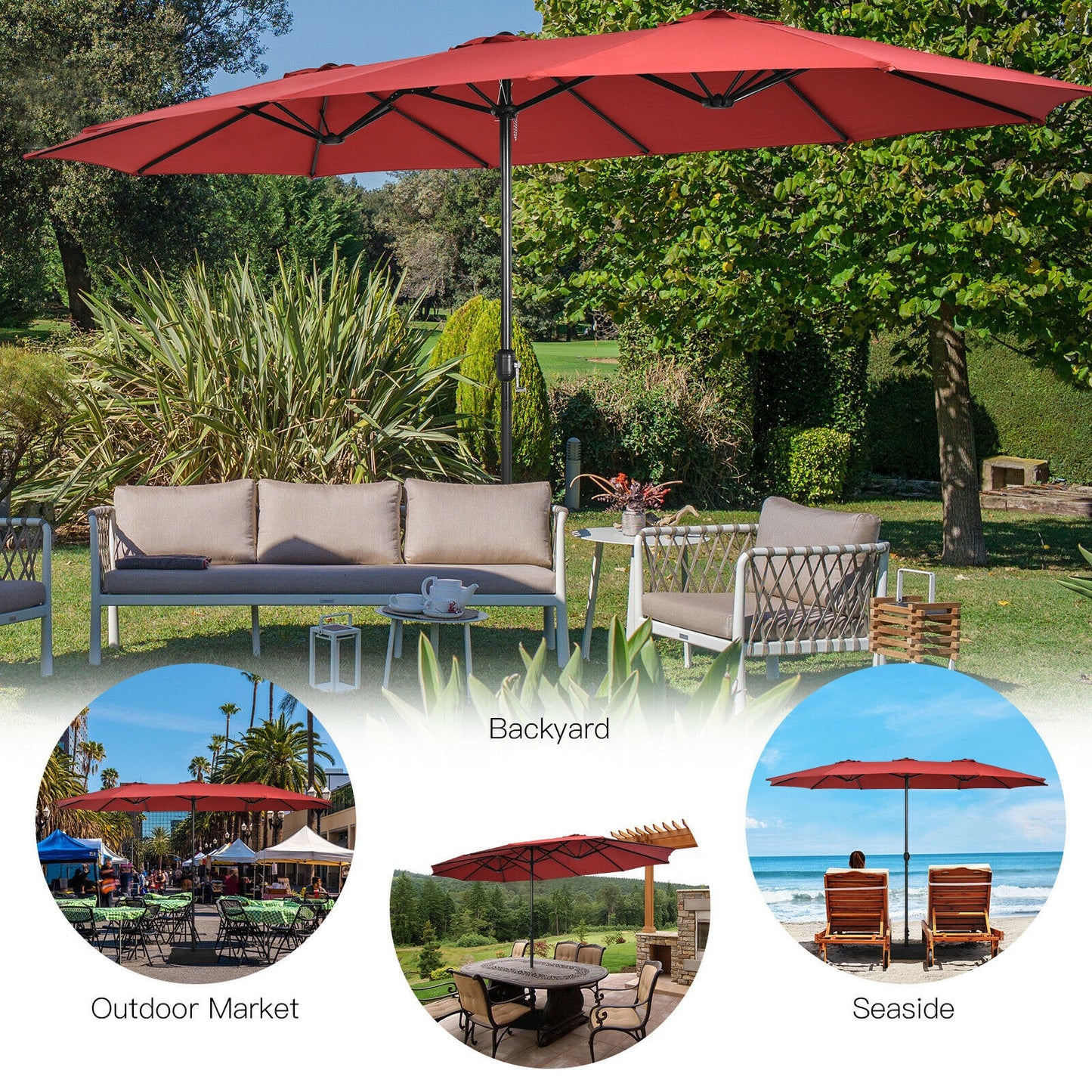 15 Feet Double-Sided Twin Patio Umbrella with Crank and Base Coffee in Outdoor Market-Wine Kids Crystal