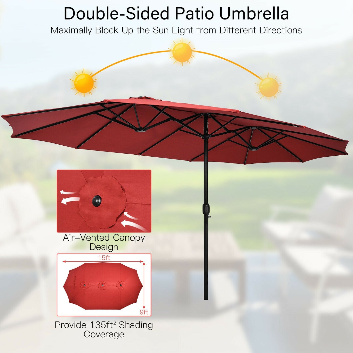 15 Feet Double-Sided Twin Patio Umbrella with Crank and Base Coffee in Outdoor Market-Wine Kids Crystal