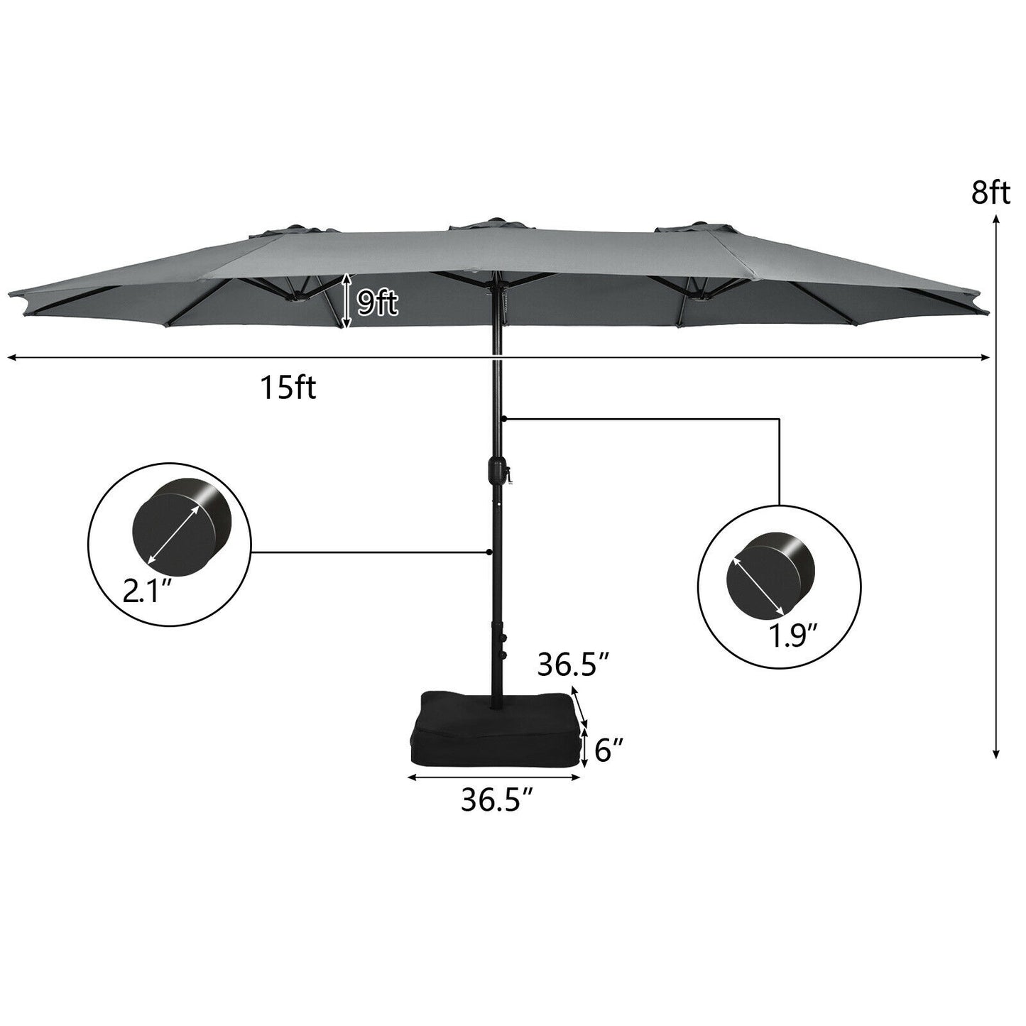 15 Feet Double-Sided Twin Patio Umbrella with Crank and Base Coffee in Outdoor Market-Gray Kids Crystal