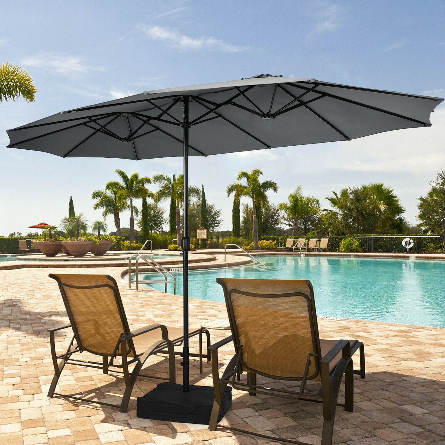 15 Feet Double-Sided Twin Patio Umbrella with Crank and Base Coffee in Outdoor Market-Gray Kids Crystal