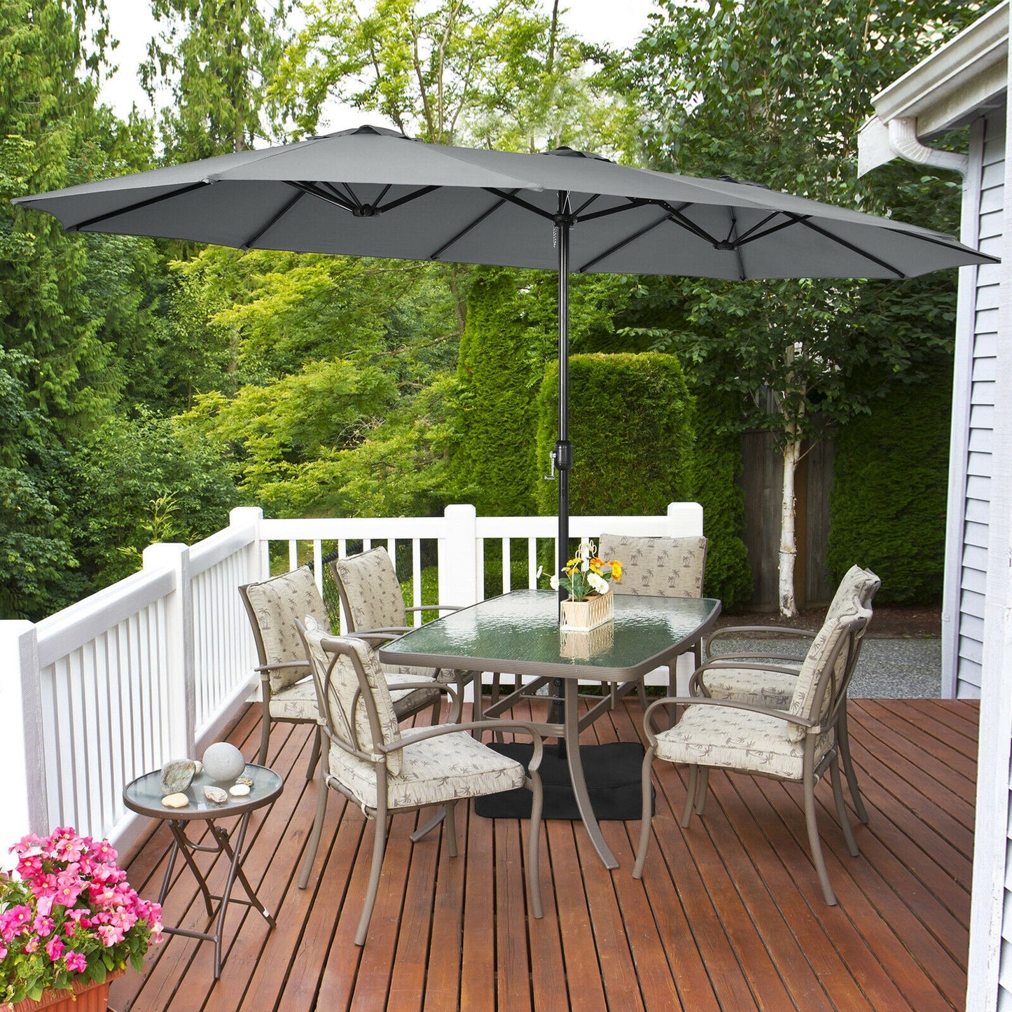 15 Feet Double-Sided Twin Patio Umbrella with Crank and Base Coffee in Outdoor Market-Gray Kids Crystal