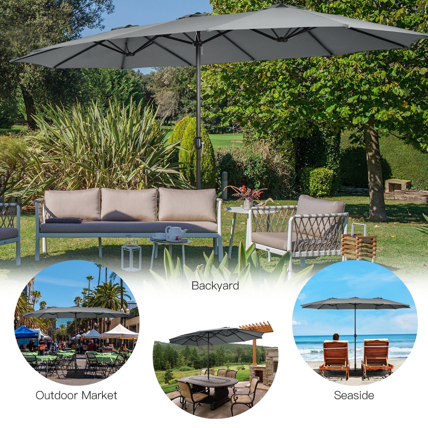 15 Feet Double-Sided Twin Patio Umbrella with Crank and Base Coffee in Outdoor Market-Gray Kids Crystal