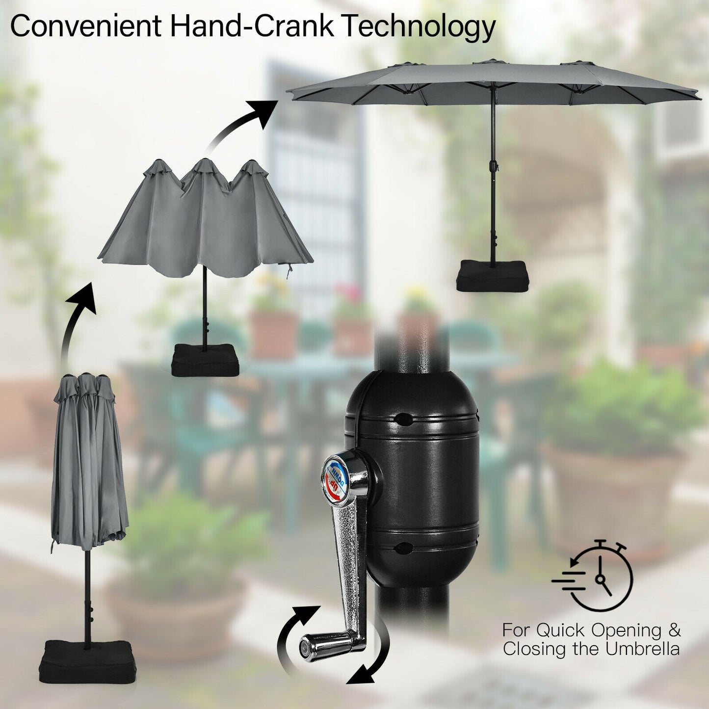 15 Feet Double-Sided Twin Patio Umbrella with Crank and Base Coffee in Outdoor Market-Gray Kids Crystal