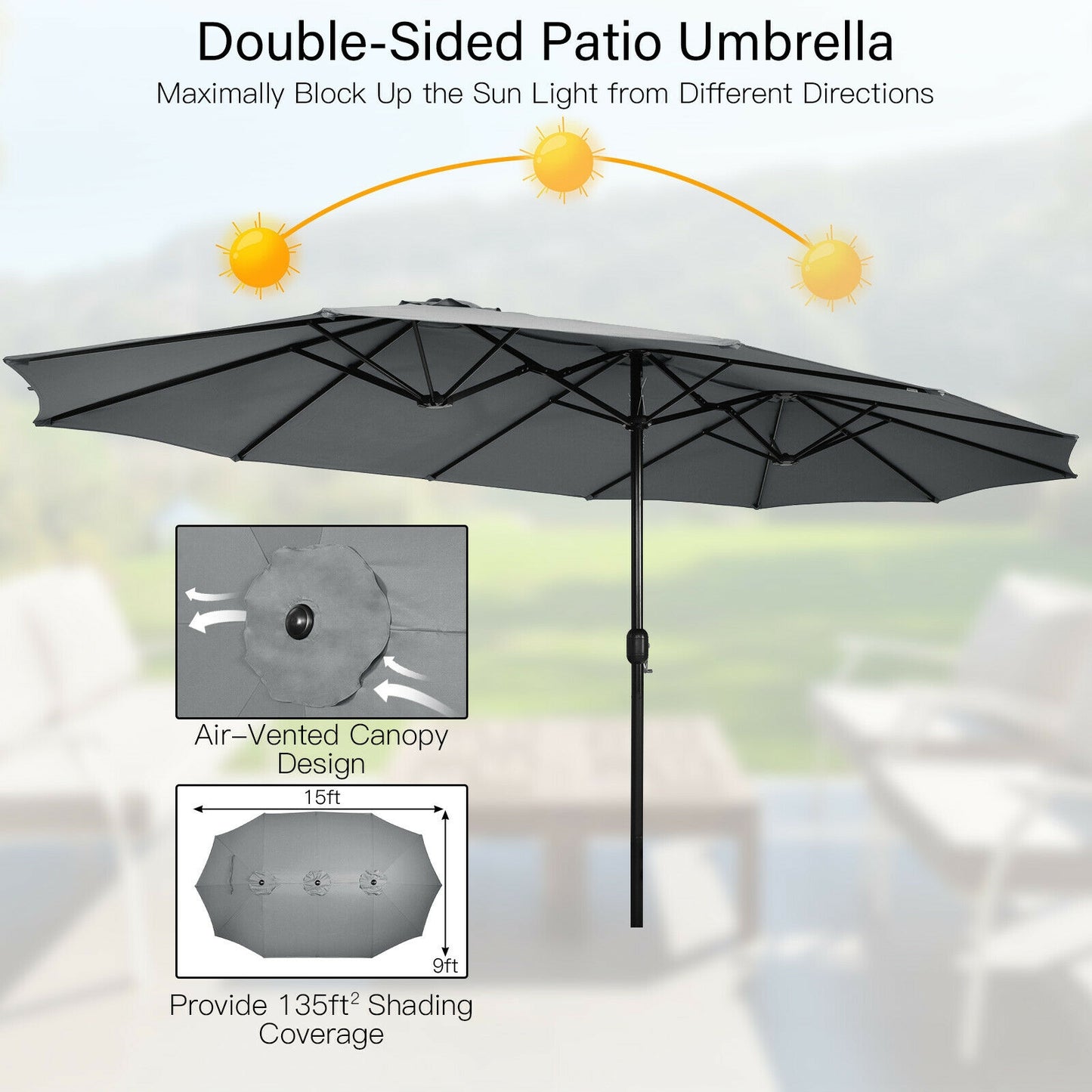 15 Feet Double-Sided Twin Patio Umbrella with Crank and Base Coffee in Outdoor Market-Gray Kids Crystal