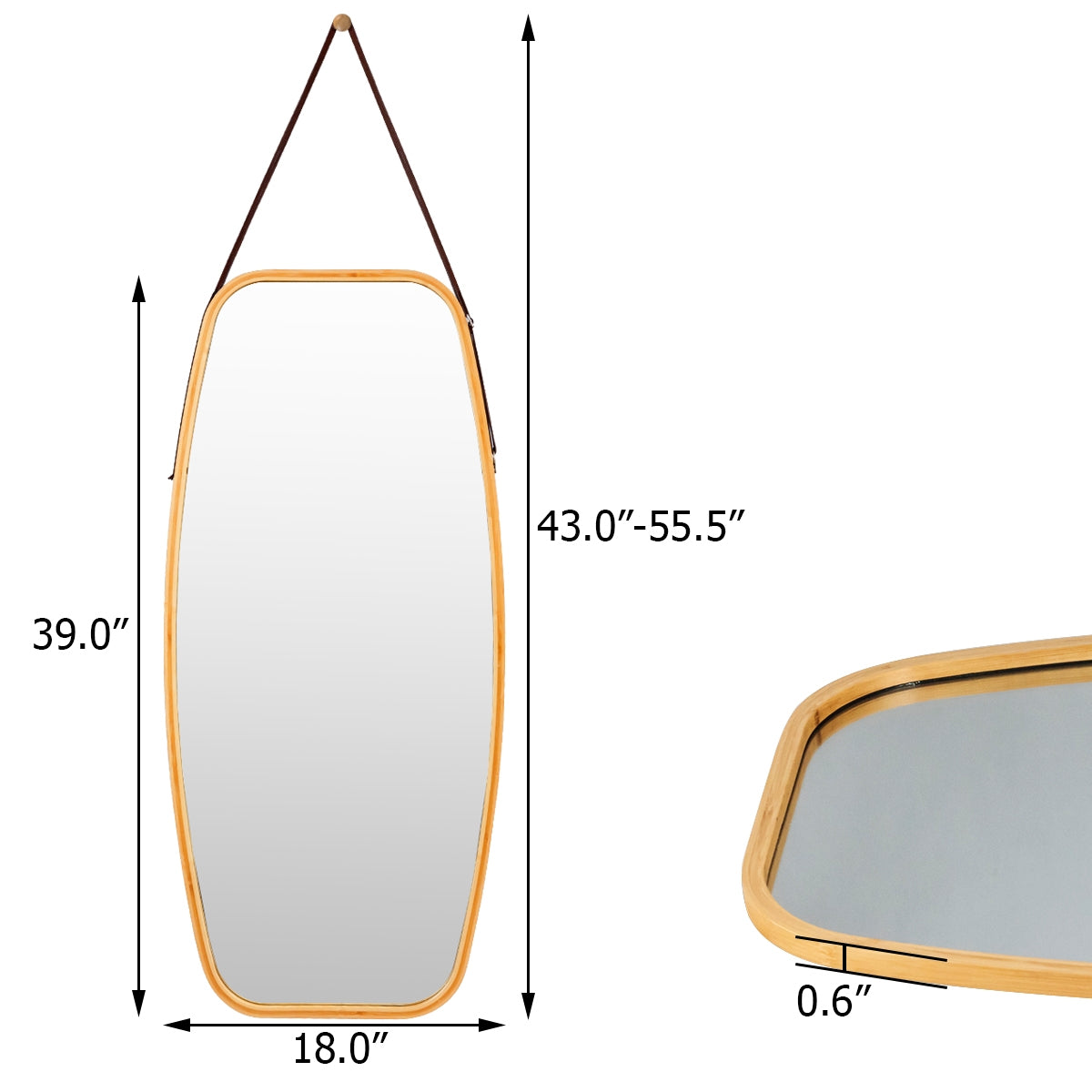 Modern Wall Mirror with Bamboo Frame and Adjustable Leather Strap Kids Crystal