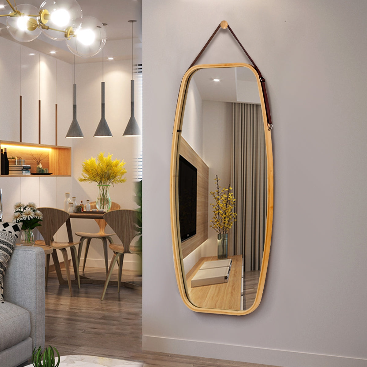 Modern Wall Mirror with Bamboo Frame and Adjustable Leather Strap Kids Crystal