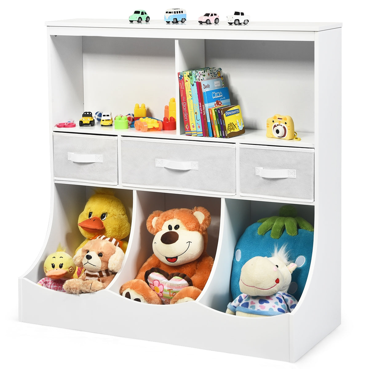 Freestanding Combo Cubby Bin Storage Organizer Unit W/3 Baskets-White Kids Crystal