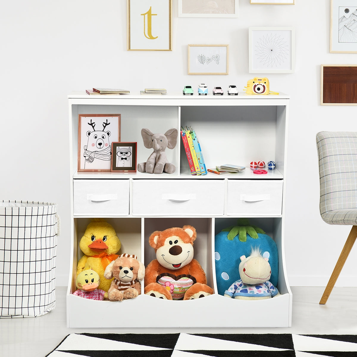Freestanding Combo Cubby Bin Storage Organizer Unit W/3 Baskets-White Kids Crystal