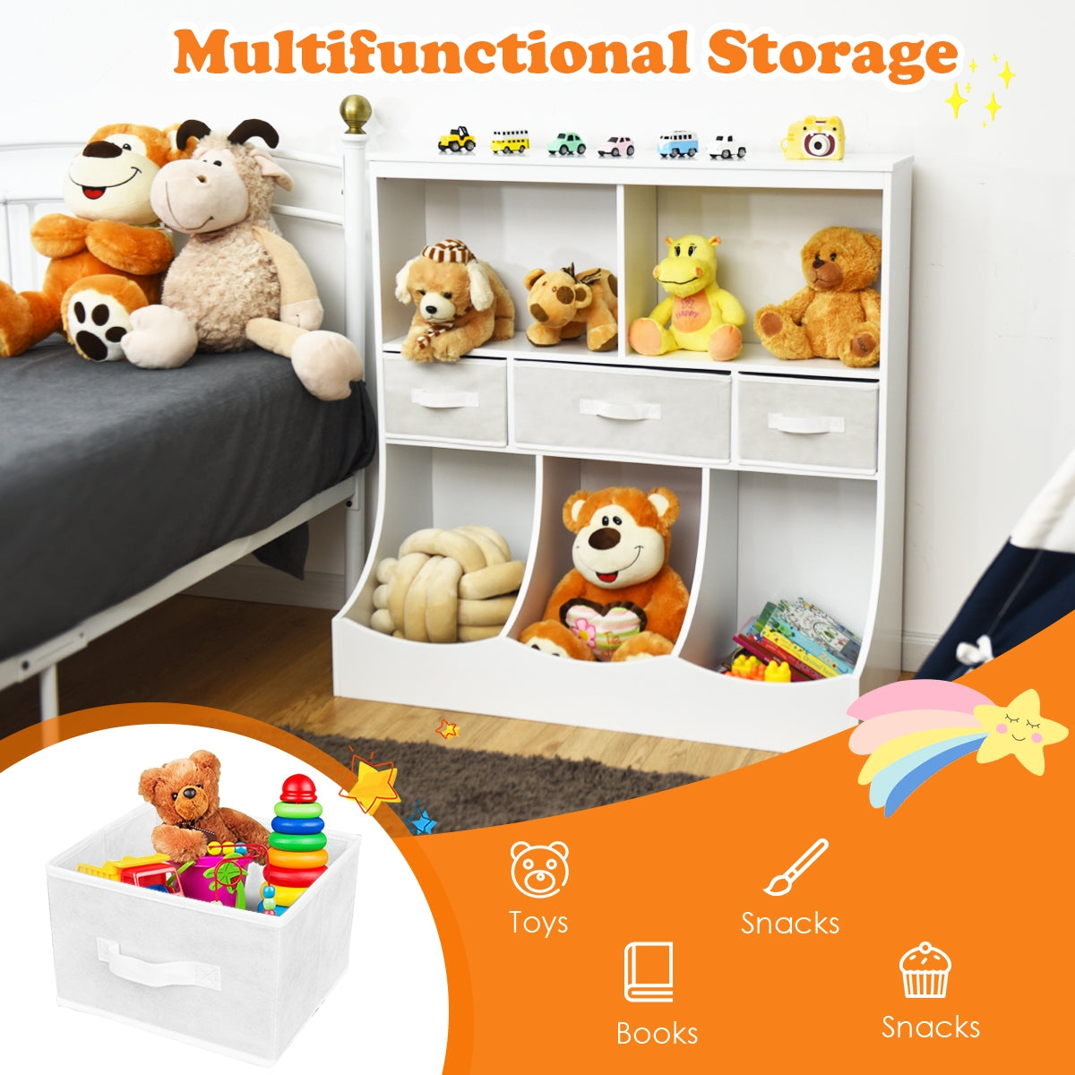 Freestanding Combo Cubby Bin Storage Organizer Unit W/3 Baskets-White Kids Crystal