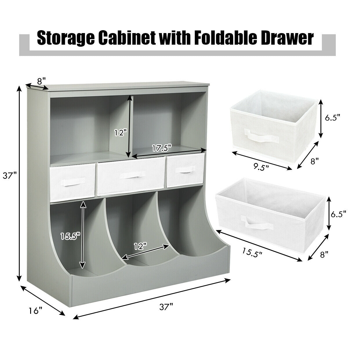 Freestanding Combo Cubby Bin Storage Organizer Unit W/3 Baskets-Gray Kids Crystal