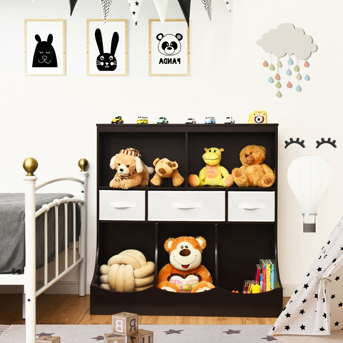 Freestanding Combo Cubby Bin Storage Organizer Unit W/3 Baskets-Brown Kids Crystal